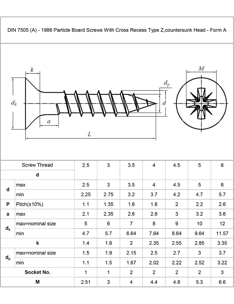 DIN 7505 (A) - 1986 Particle Board Screws With Cross Recess Type Z,countersunk Head - Form A