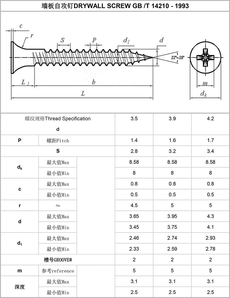 Fine thread Drywall screw GB T 14210 - 1993